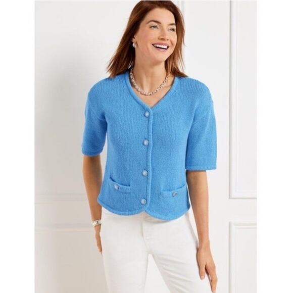 NWT Talbots Elbow Sleeve Button Front Sweater Jacket Cardigan Blue Sz S - Picture 2 of 8